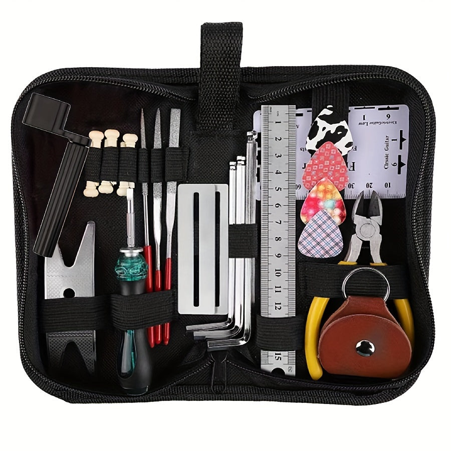 26-piece guitar repair tool kit with wire pliers, string organizer, fingerboard protector, hex wrenches, files, string action ruler, and spanner.