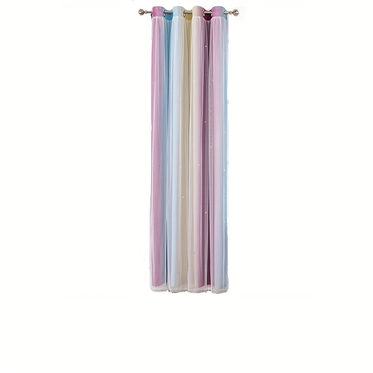 This double-layered grommet top curtain features a rainbow hollow-out star pattern, perfect for adding a whimsical touch to your nursery, bedroom, or living room. Enhance your home decor with this charming panel curtain.