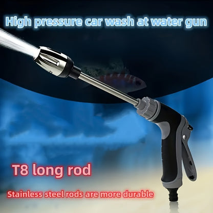 A high-pressure car wash gun with multifunctional garden hose nozzle, adjustable thickened rod sprayer with copper-plated tip, and universal 3/4" and 1/2" quick connect adapters for