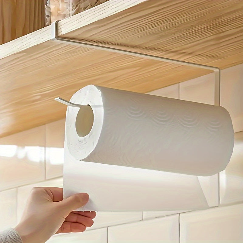 Simplify your kitchen with the 1pc Easy-Install Iron Kitchen Paper Towel Holder. This space-saving cabinet roll organizer requires no drilling and can also hold cling film and dishcloths. Its modern design makes it a stylish addition to your kitchen