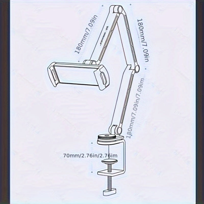 Adjustable aluminum tablet stand with 360° rotation and multi-angle folding arm desk mount for iPad.