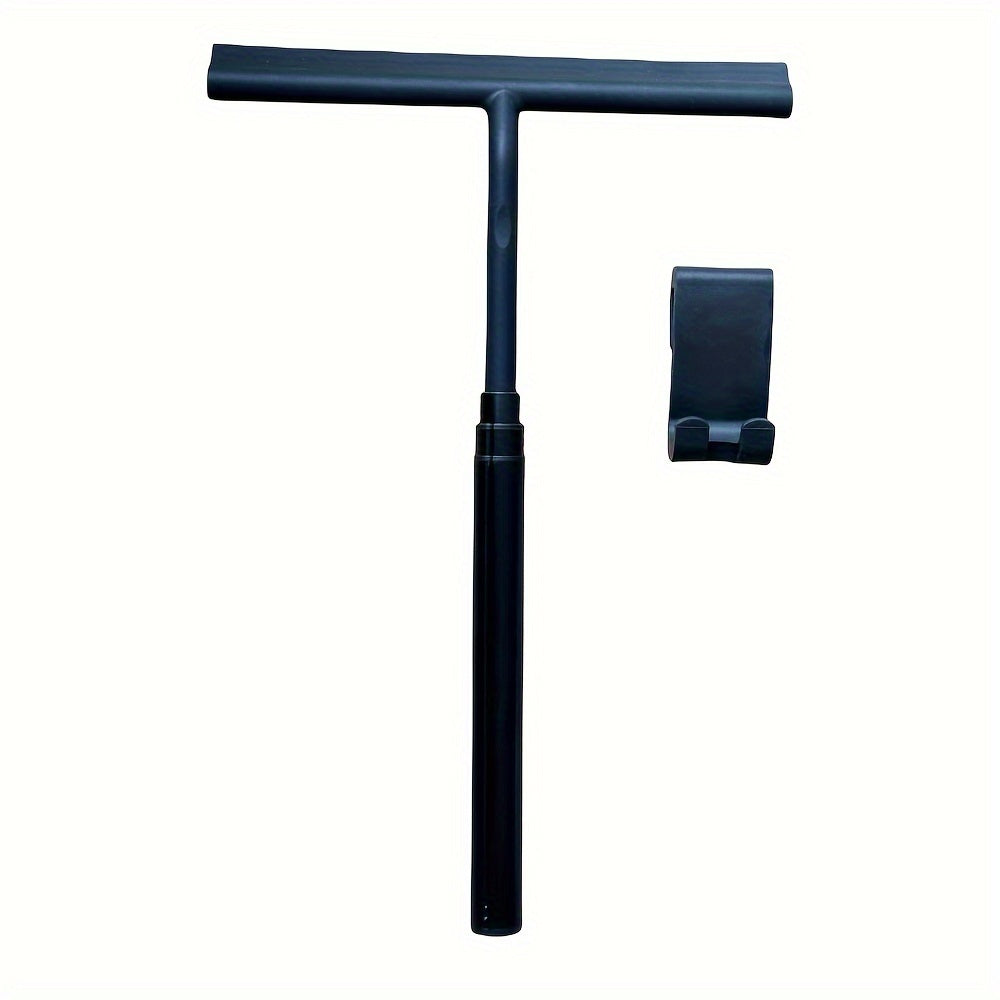 One-piece window squeegee with extension pole, perfect for cleaning glass doors, tile walls, cars, and mirrors. Features a telescoping design for easy reach and a long handle for shower cleaning. This versatile tool is great for window cleaning and