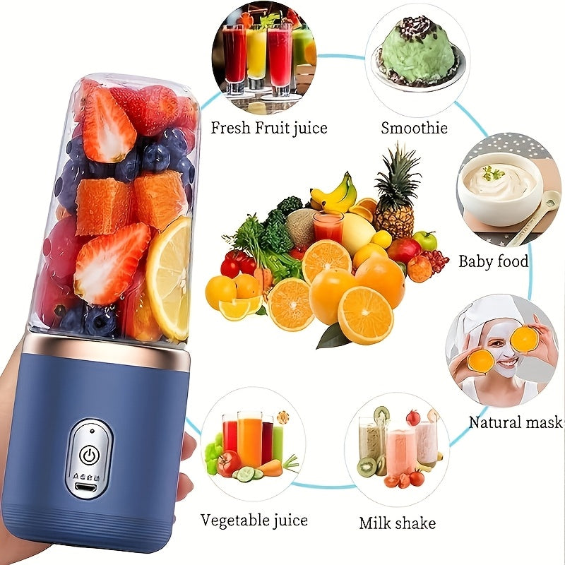 This portable blender is a personal smoothie maker with a travel lid, 2 cups each holding 13.53 ounces. It is a USB rechargeable mini fruit blender with 6 blades, making it suitable for use in the kitchen, at home, and while traveling.