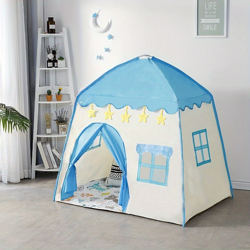 Blue floral play tent with starry lights for kids - perfect for indoor/outdoor play, made of sturdy polyester and PVC.