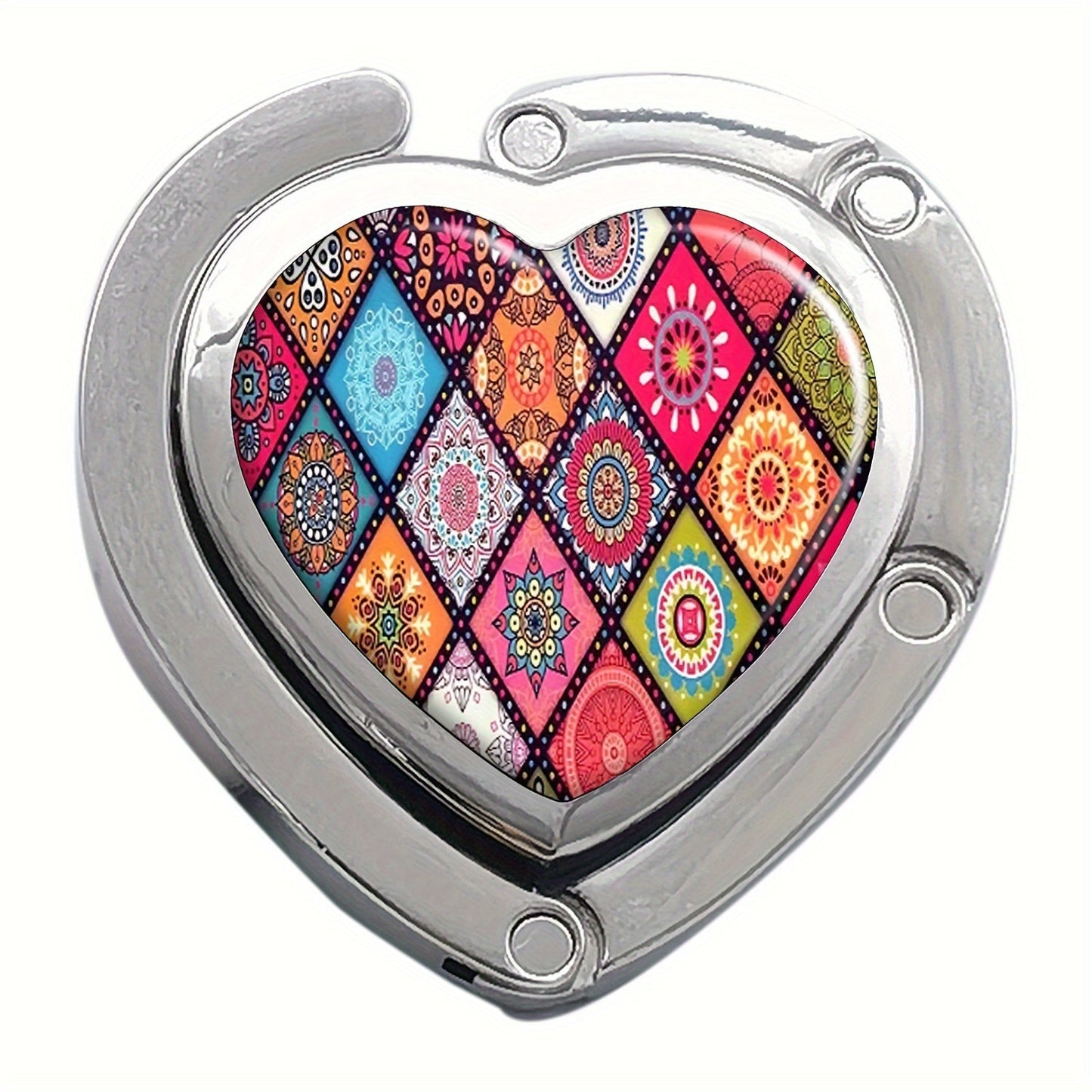 Heart-Shaped Boho Chic Foldable Purse Hook - Vibrant Zinc Alloy Table Hanger for Bags and Keys.