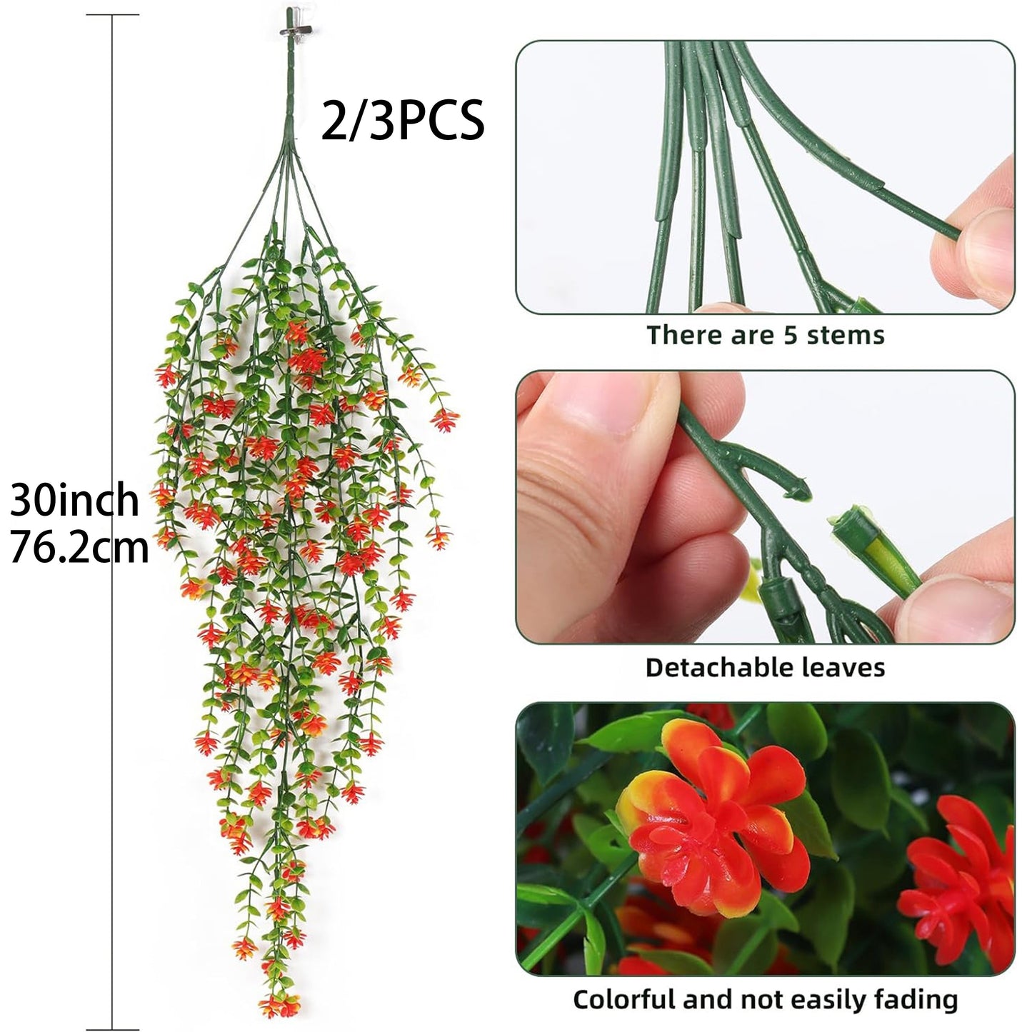 Two to three pieces of artificial Eucalyptus Camellia hanging plants with red flowers, suitable for indoor and outdoor decoration.