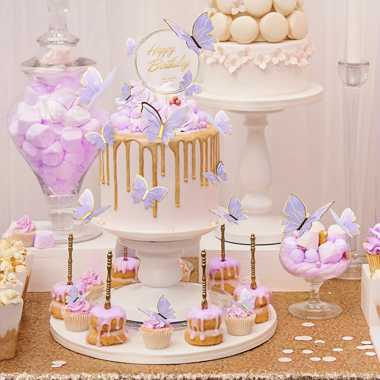 40 pieces of butterfly cake decorations, including 3D cupcake and wall decorations in pink and purple for birthdays, anniversaries, and parties.