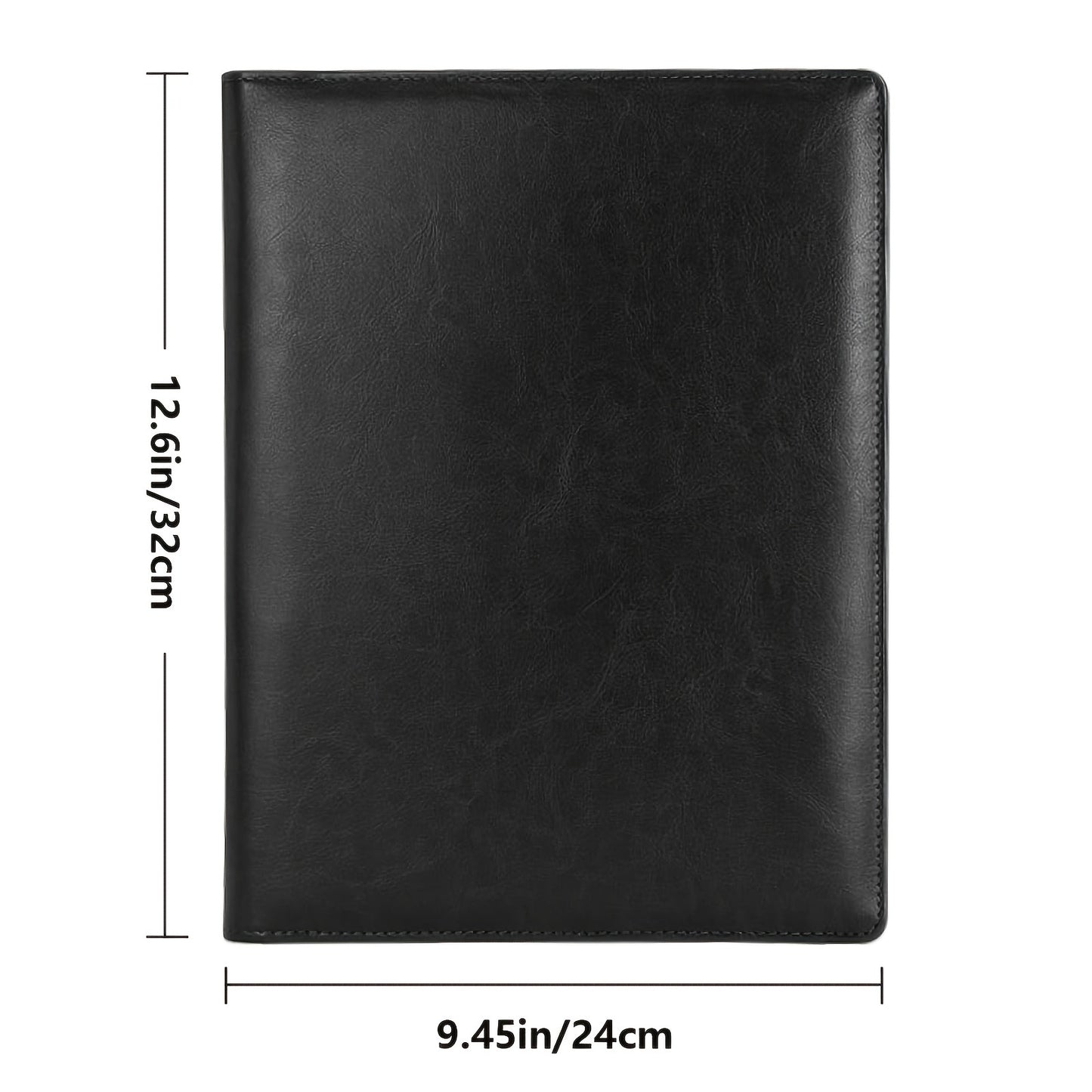 Multipurpose leather portfolio folder for interviews and meetings, includes legal pad, clipboard, pen holder, business card slots, phone and calculator pouches.