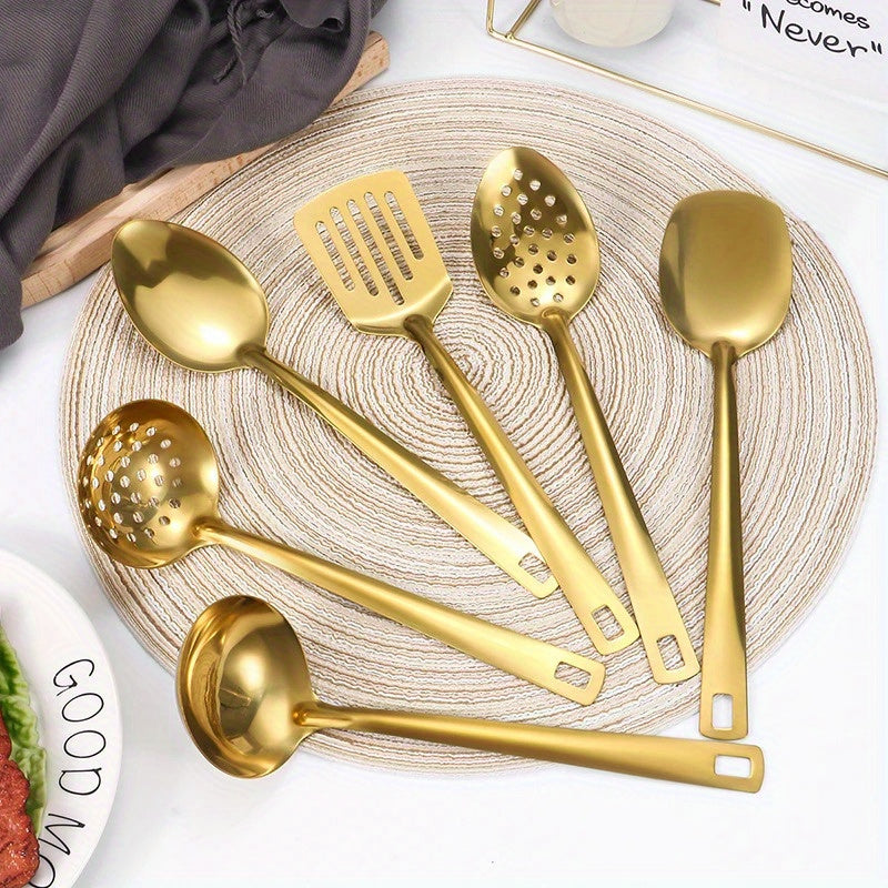 Gold-Plated Stainless Steel 6-piece Kitchen Utensil Set with Soup Spoon, Colander, Frying Shovel and More - Essential for Home Chefs