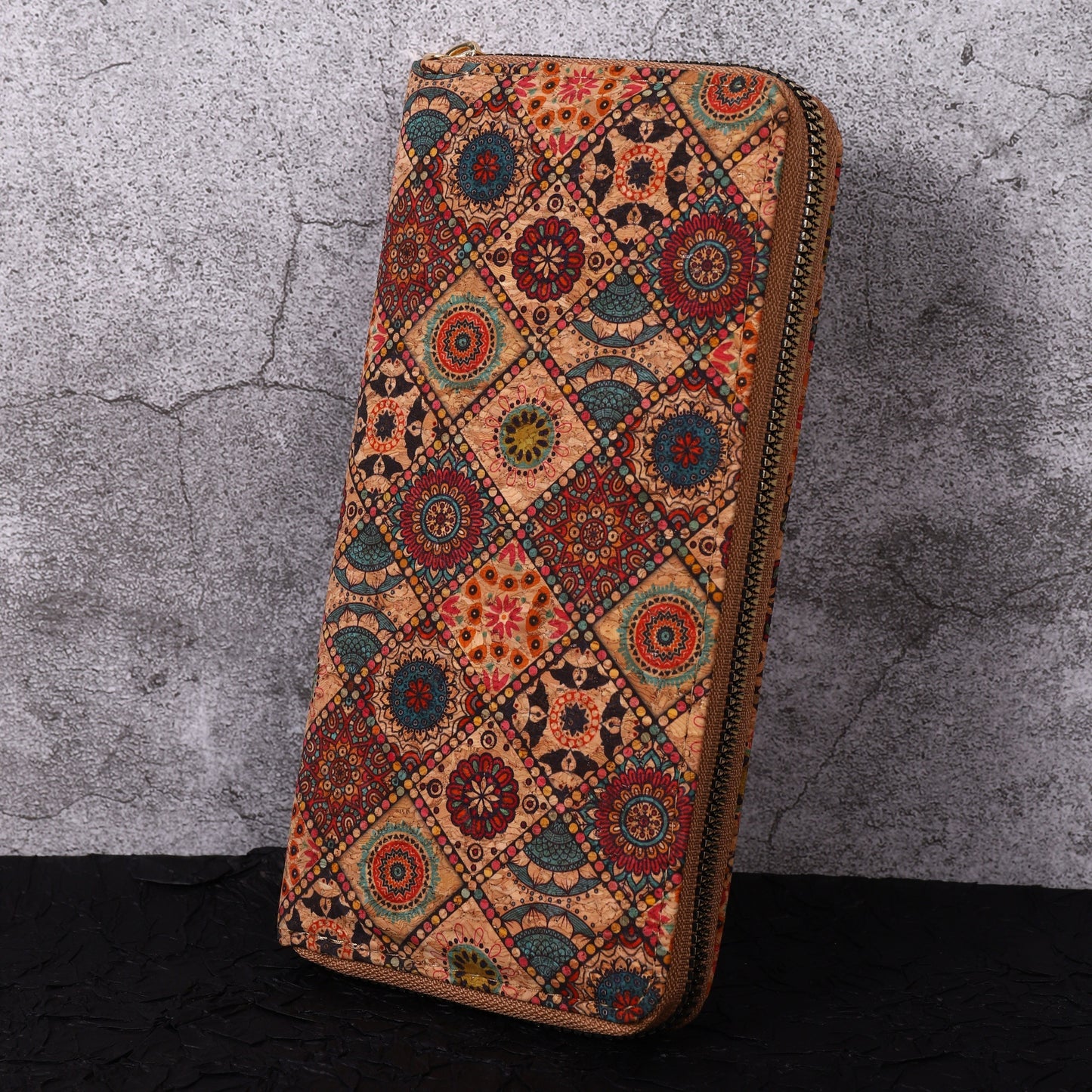 Ethnic style long wallet with floral design and multi card slots made of retro vegan leather.