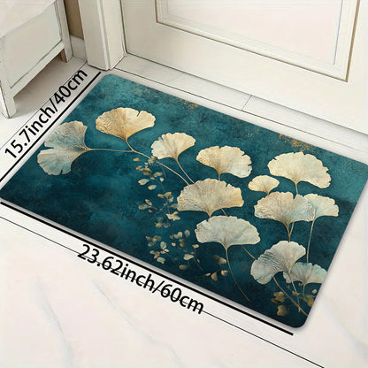 This retro-style Ginkgo Leaf pattern floor mat is 8mm thick and made from soft, high-quality material. It is suitable for use in the kitchen, living room, or bedroom. This durable mat is machine washable and can be used as an entrance door mat or