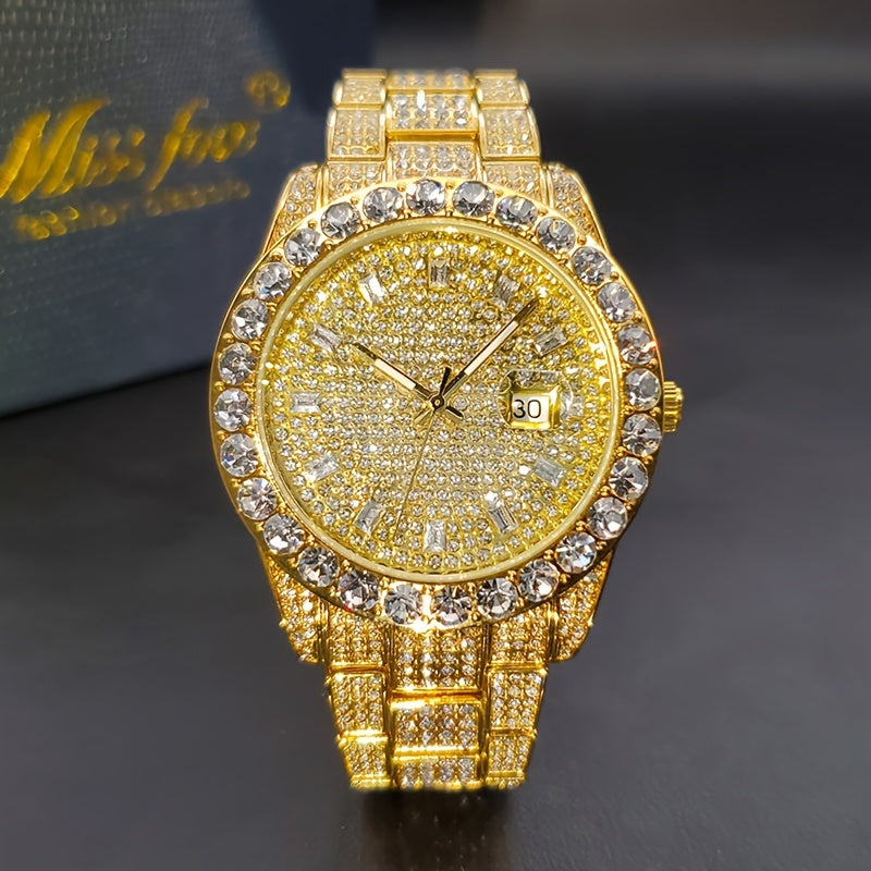 Luxury men's watch with luminous hands, large diamond, quartz movement, and hip-hop rock fashion design.