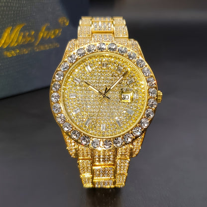 Luxury men's watch with luminous hands, large diamond, quartz movement, and hip-hop rock fashion design.