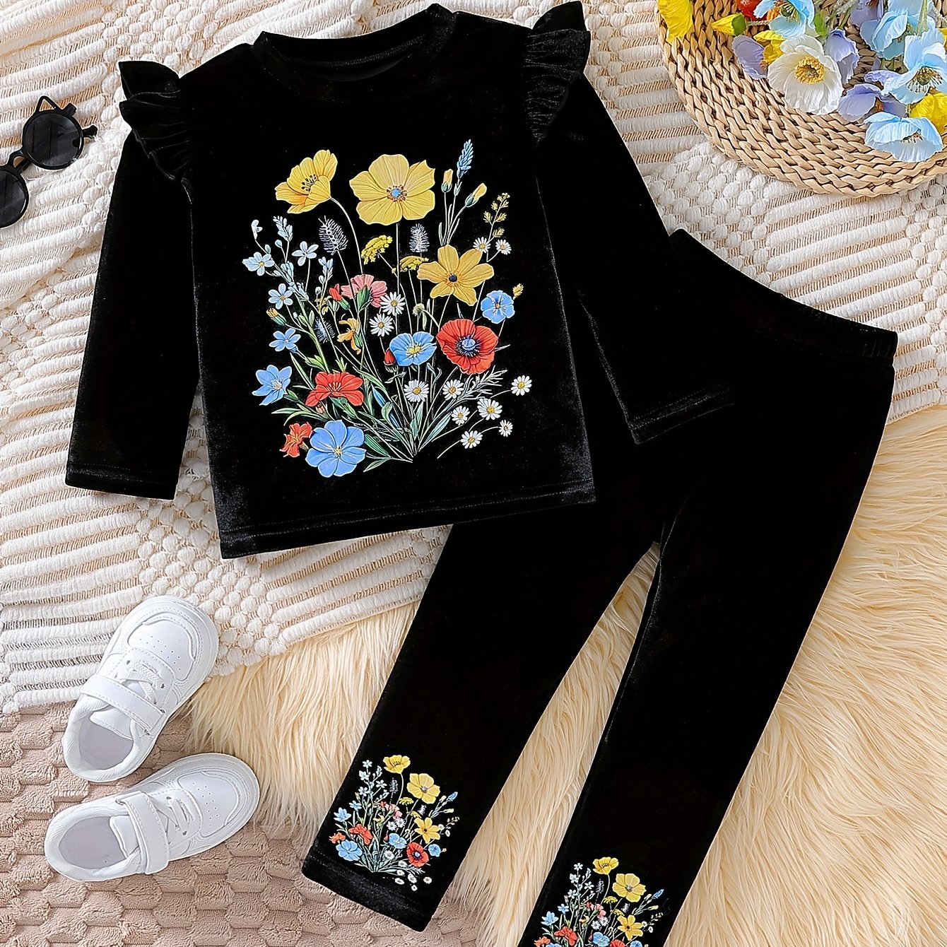 Fashionable girls' floral printed top with round neck and short sleeves, paired with matching long pants. Ideal for daily wear, outdoor leisure, shopping, and the spring/summer season.