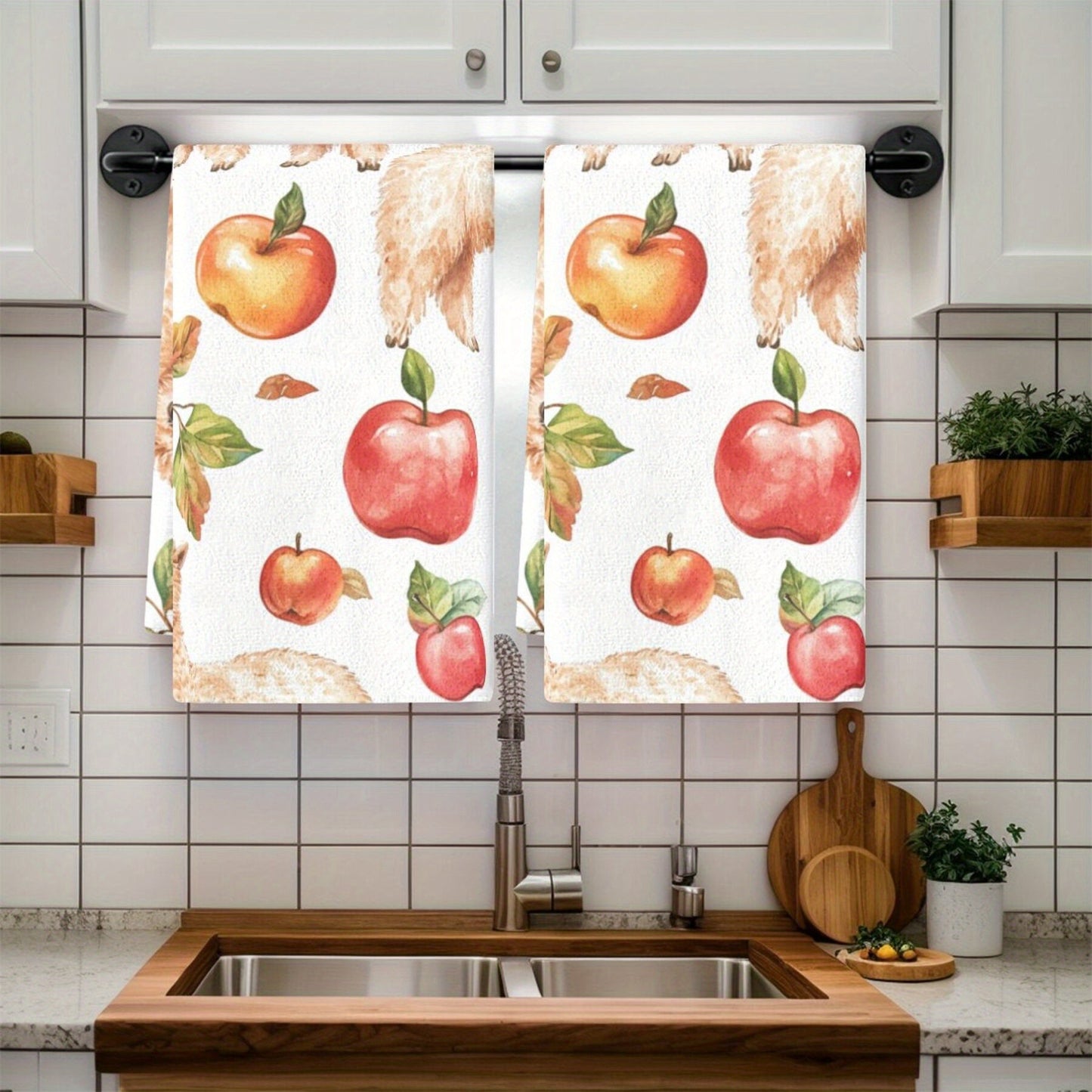 Set of 2 Alpaca Print Dish Towels: Enjoy this 2-pack of contemporary Apple and Alpaca print dish towels, made of durable polyester material. These rectangular kitchen towels feature a floral theme, adding a stylish touch to your home decor. Hand wash