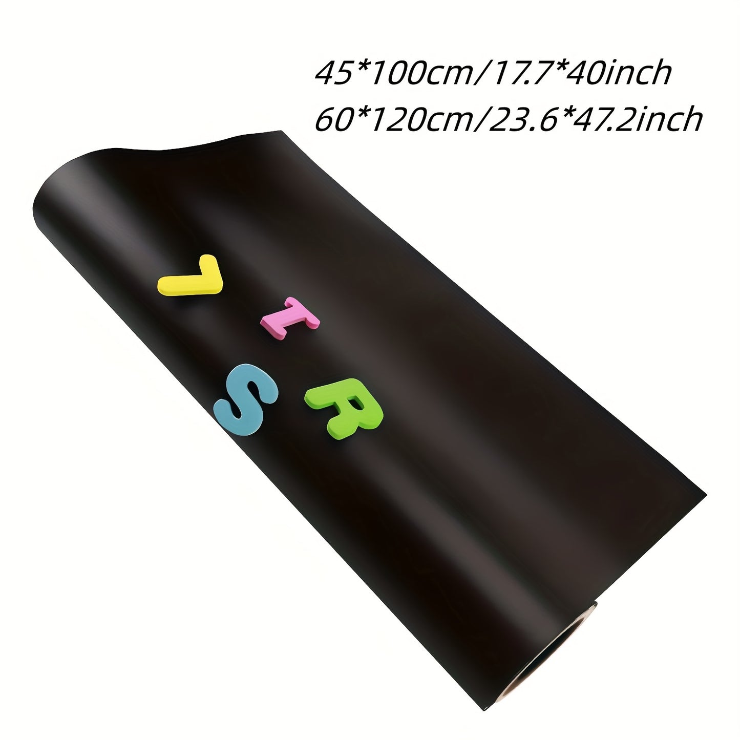 Erasable magnetic blackboard film for smooth surfaces in office and home settings. Includes eraser and 4 magnets.