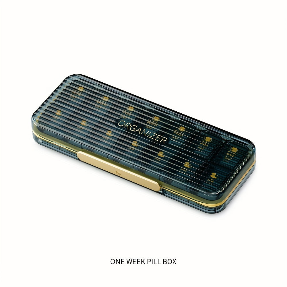 Weekly pill organizer with 14 compartments, modern design, strong plastic case with polypropylene backing