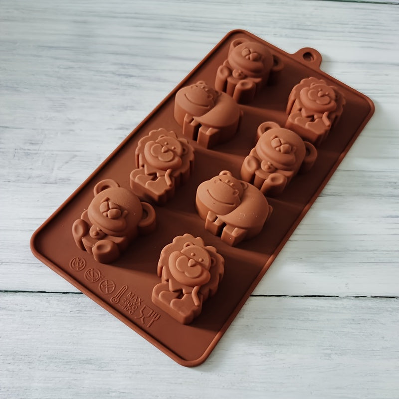 Animal Silicone Mold featuring Hippo, Lion, and Bear shapes for making chocolates, soaps, or cakes. Perfect for DIY baking projects.