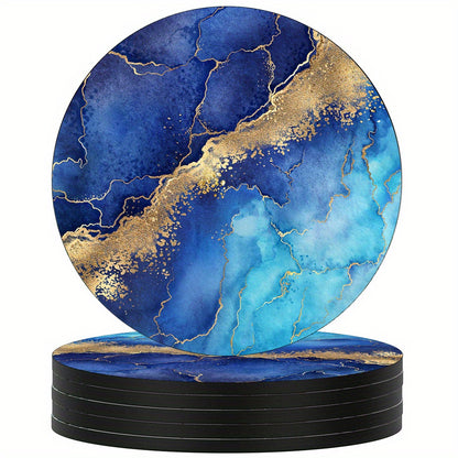 6 luxury golden marbling coasters with absorbent rubber and non-slip backing, perfect for home decor or as a housewarming gift. 10.16cm round.