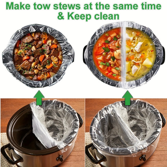 These cooking bags are designed for use with slow cookers, are BPA-free, and are suitable for both oval and round pots. They measure 13 by 53.34 cm and are compatible with sizes ranging from 3QT to 8QT.