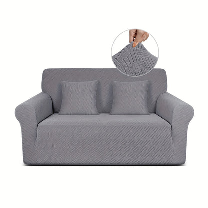 Pet-friendly sofa cover in gray striped jacquard fleece with elastic band, non-slip bottom, and all-season dust protection. Stylish and snug fit for living room furniture.