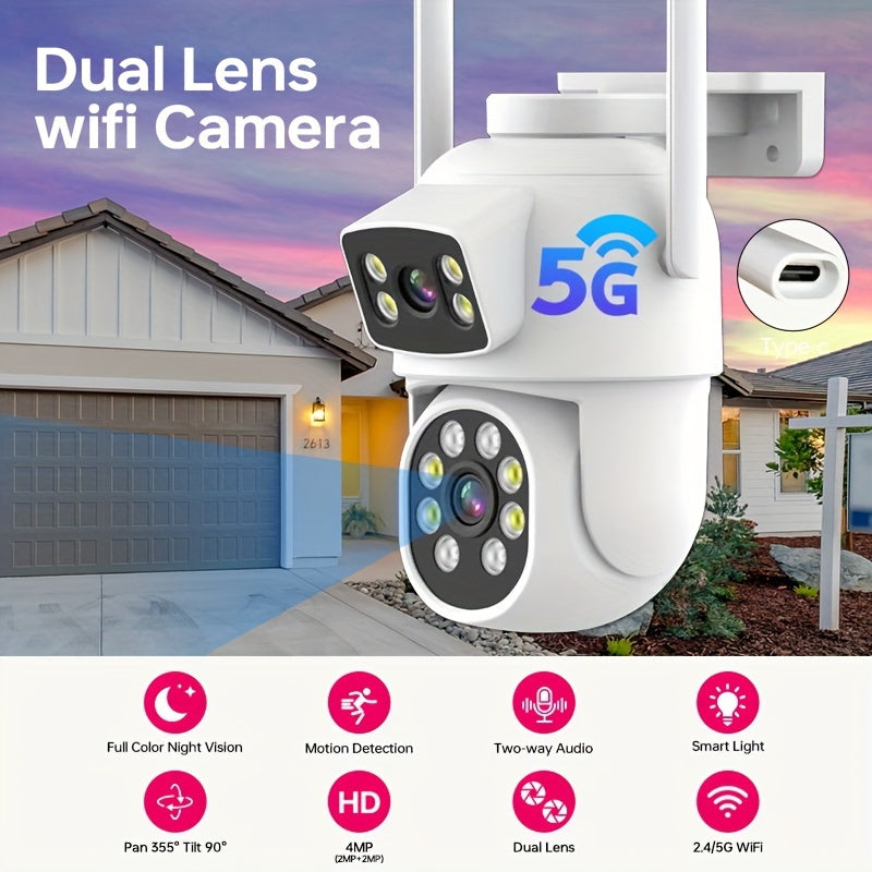 Outdoor Wireless Security Camera with Dual Lens 360° View, App Alerts, Color Night Vision, Motion Detection, Two-Way Audio, SD/Cloud Storage, IP65 Waterproof - 4MP resolution, supports 2.4g/5g Wifi.