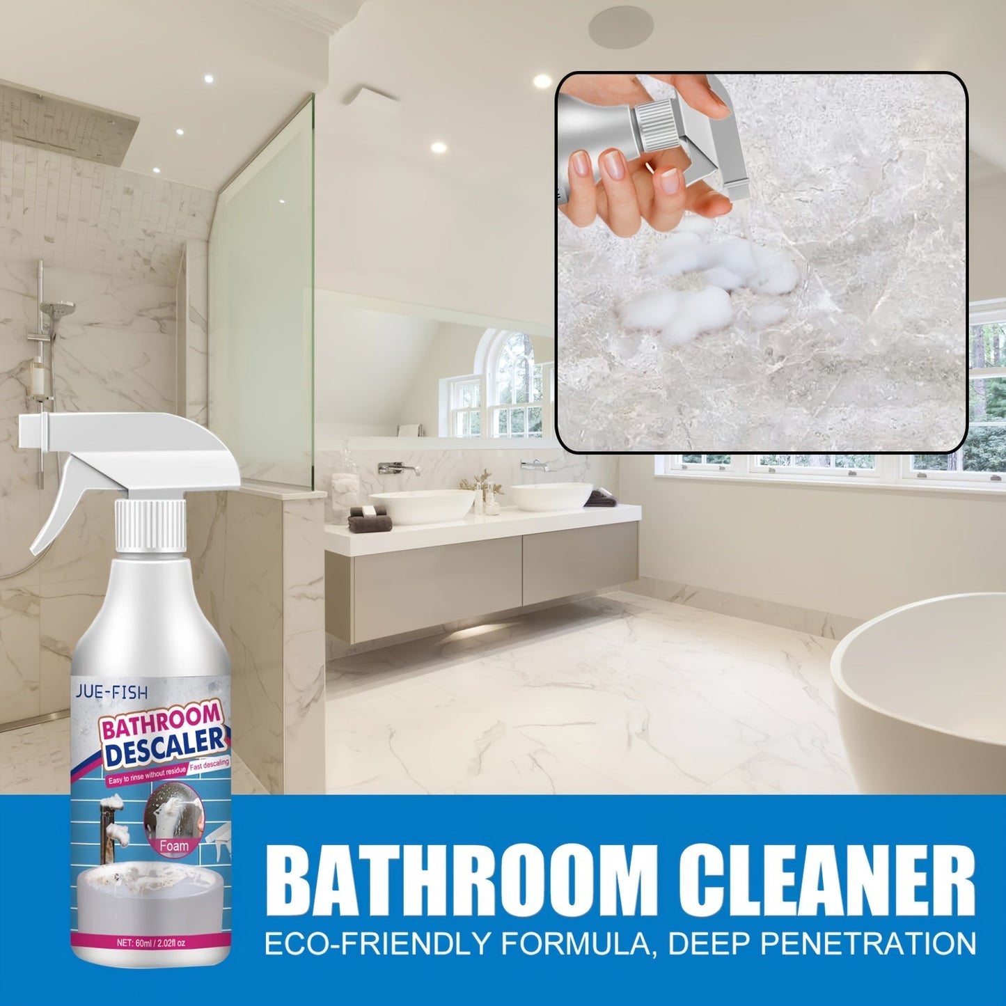 Keep your bathroom sparkling clean with JUE-FISH Foam Bathroom Descaler Spray! This special formula features Citral Ingredient for a residue-free finish on metal surfaces. Say goodbye to soap scum and grime on shower glass, stainless steel sinks, and