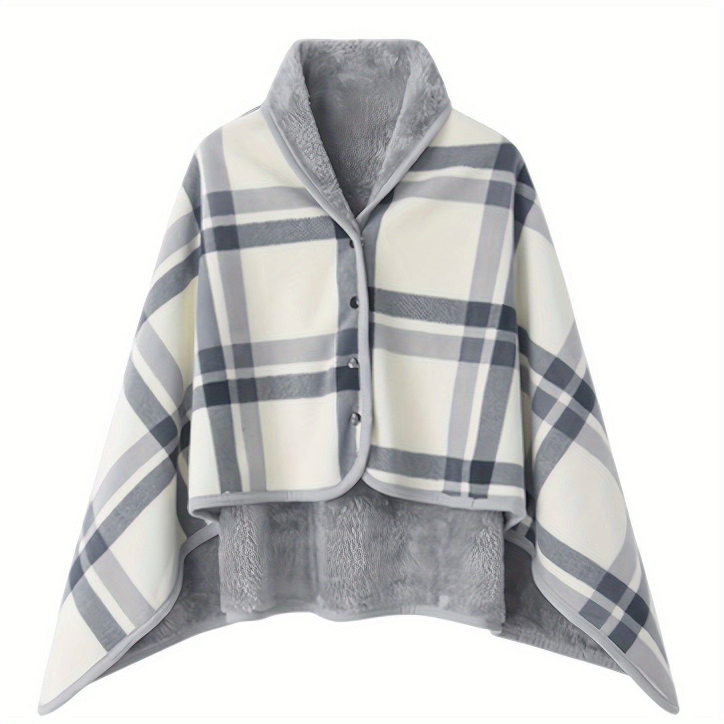 One piece versatile shawl blanket featuring a double layer of thick, plaid patterned polar fleece ideal for autumn and winter. Perfect for office use, this wearable blanket with legs is great for lounging on the couch or sofa.