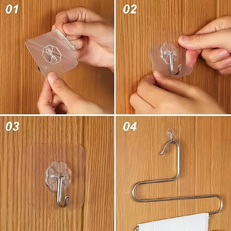 10 strong adhesive transparent kitchen hooks for no-drill wall mounting. Casual style, adjustable load-bearing sticky hangers with no trace. Utility hooks.