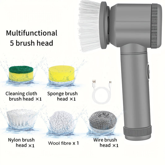 Handy 5-in-1 Electric Spin Scrubber with USB Charging - Powerful ABS Scrub Brush Ideal for Kitchens & Bathrooms, Versatile Cordless Cleaning Device with 5 Interchangeable Heads, Conveniently Portable & Rechargeable, Perfect Christmas Present