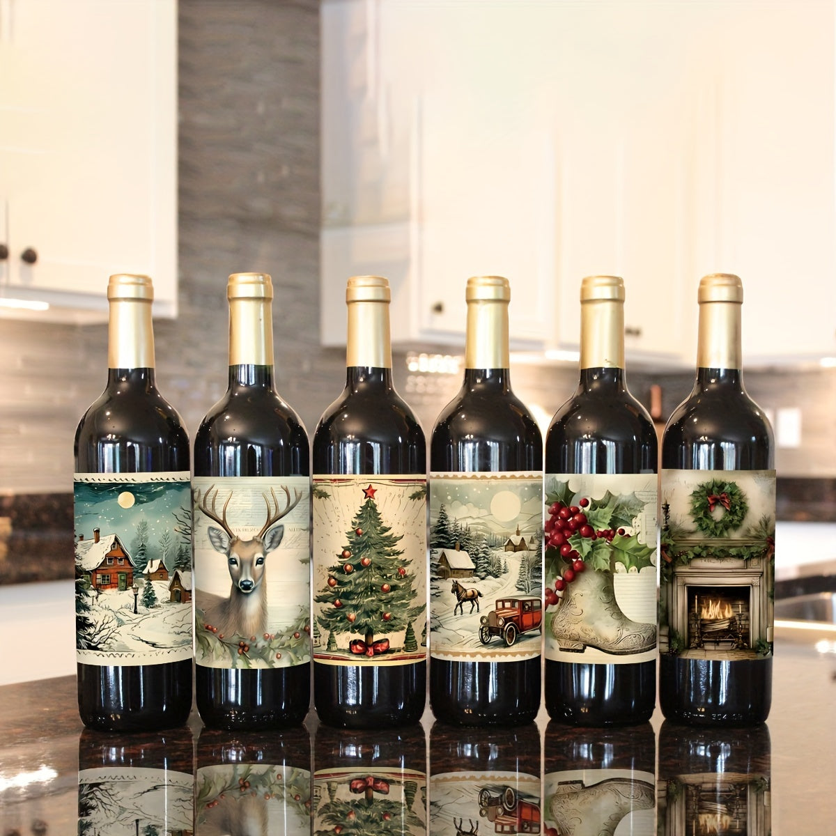 Get 9 funny Christmas wine bottle labels featuring vintage Santa, elk, and bell designs for personalized party decoration.