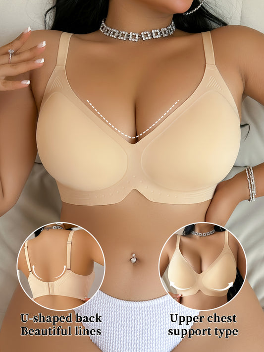 Plus size seamless bra with high elasticity, lift & gather, and anti-sagging features. Made with solid color knit fabric, 75% elastane and 25% elastane. Includes removable padding.