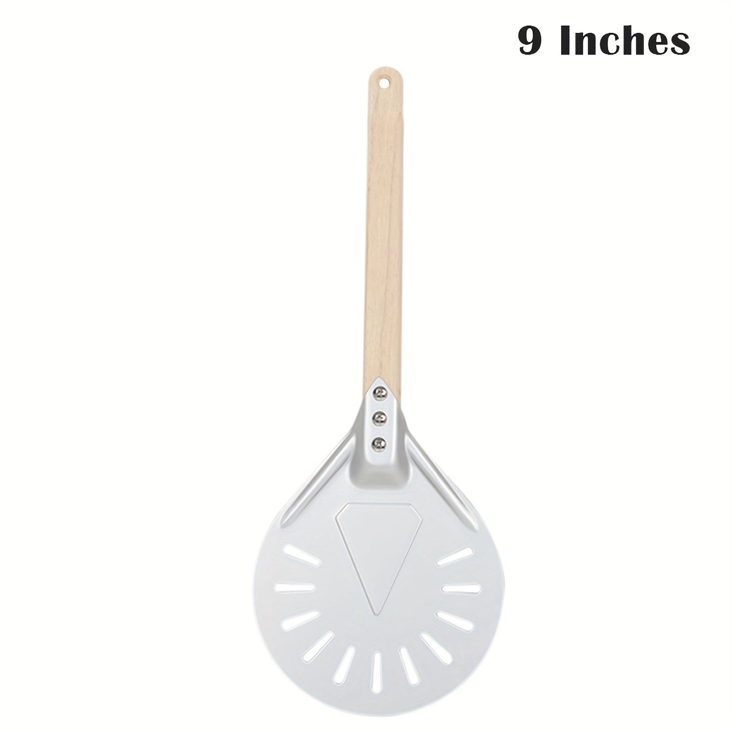 Pizza shovels with wooden handles measuring 8 and 22.86 cm, made of stainless steel