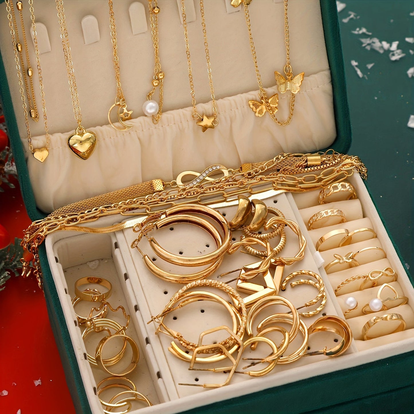 Stylish 58-piece Women's Jewelry Set - Featuring Heart & Butterfly Designs with Faux Pearls & Cubic Zirconia, Necklaces, Earrings, Bracelets, Rings Included - Ideal for Everyday Wear & Gifts, Great for Christmas.