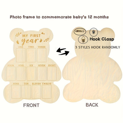 Wooden Bear First Year Milestone Photo Frame, Vertical Poster Frame with Polished Finish, Growth Memorial Table Decor for Nursery, Suitable for Living Room, Ideal Gift for boy & girl Shower