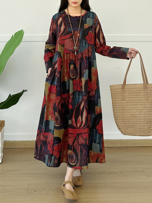 Vintage-inspired linen long sleeve dress with tie-dye print for women, ideal for casual wear throughout the seasons.