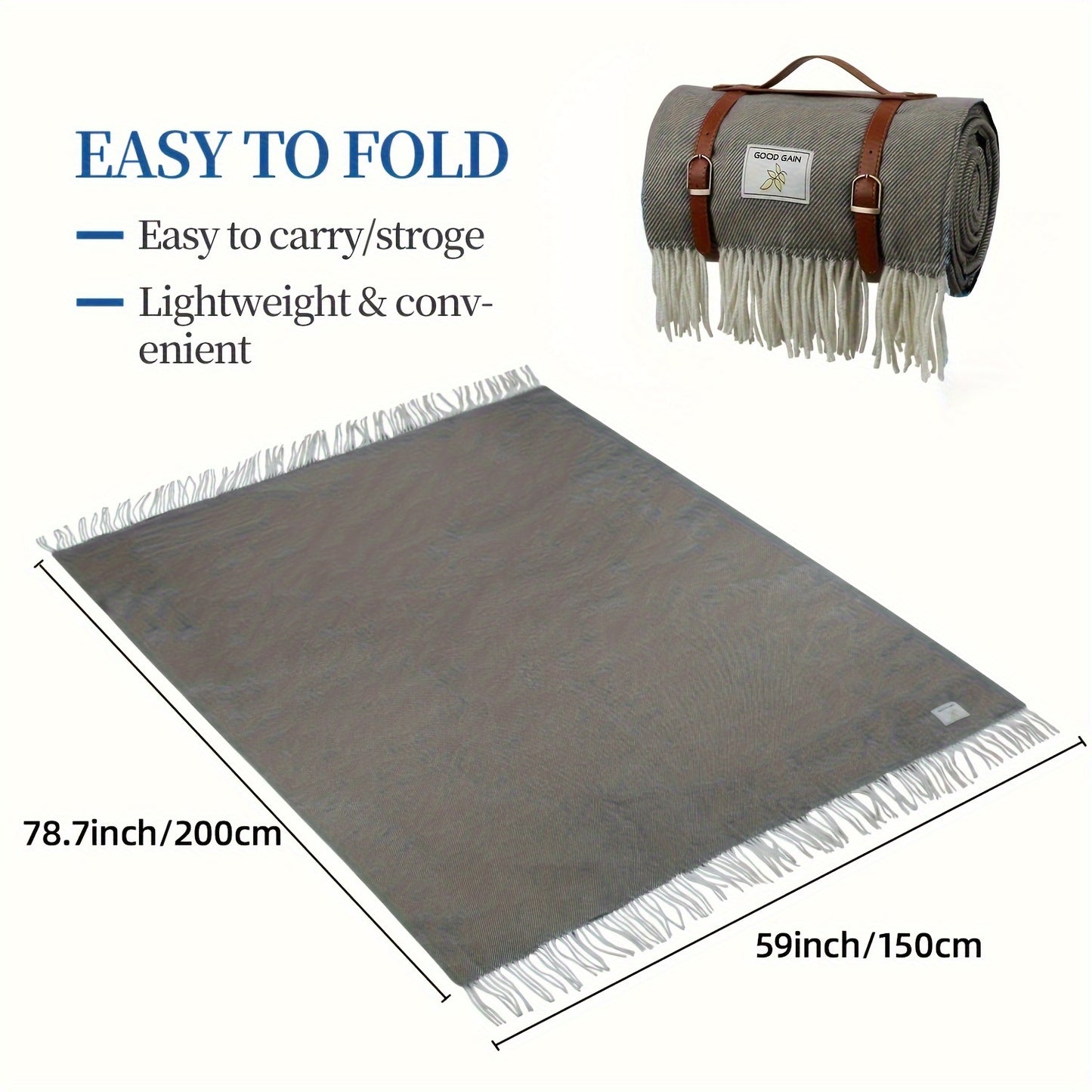 XL "Good Gain" Waterproof Picnic Blanket - Durable & Soft, Sandproof Outdoor Mat with Leather Handles, Compact for Camping, Hiking, Beach, Lawn & Park - Stripe Design, Picnic Mat