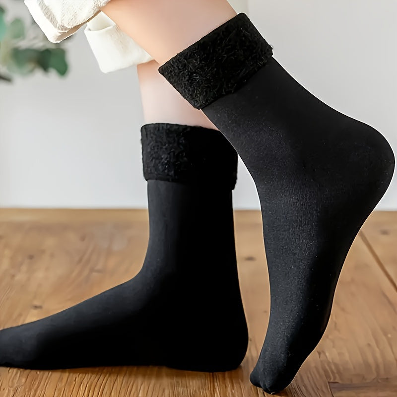 Four pairs of winter warm knit socks with fleece lining, anti-cold mid-calf length, machine washable, solid color, 95% polyester, 5% elastane, all-season comfort.