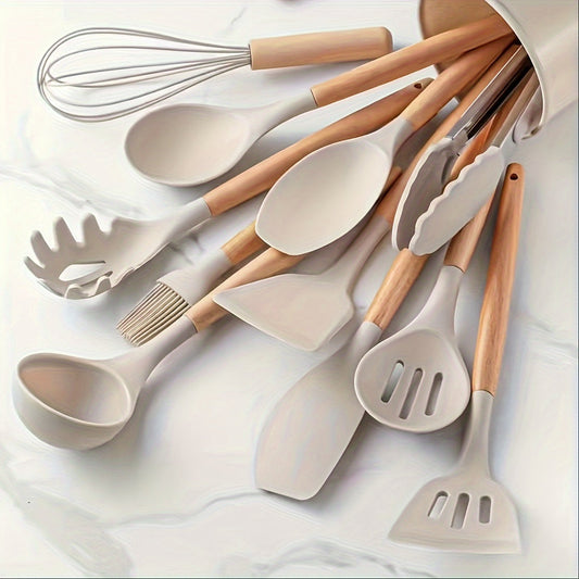 Set of 12 silicone utensils with khaki color and wooden handles, ensuring safety while cooking. These non-stick kitchen tools are washable and modern, providing a range of cookware and gadgets for your kitchen.