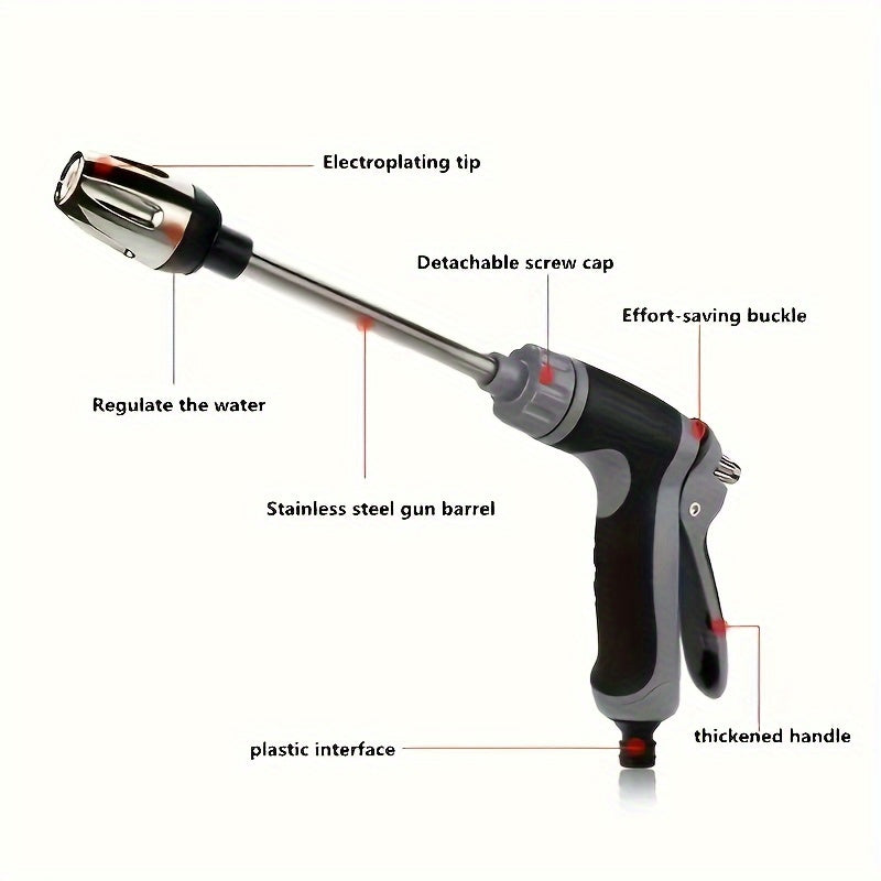 A high-pressure car wash gun with multifunctional garden hose nozzle, adjustable thickened rod sprayer with copper-plated tip, and universal 3/4" and 1/2" quick connect adapters for