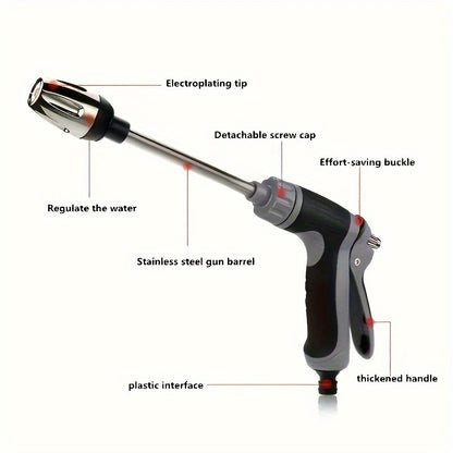 A high-pressure car wash gun with multifunctional garden hose nozzle, adjustable thickened rod sprayer with copper-plated tip, and universal 3/4" and 1/2" quick connect adapters for