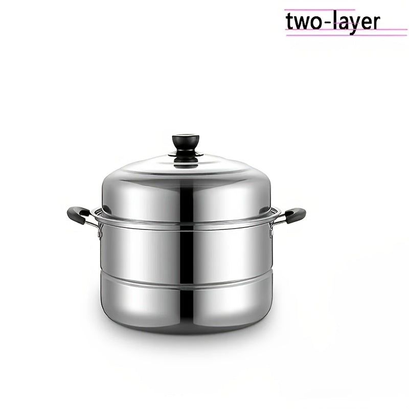 Stainless Steel Steamer Pot with Lid - Versatile Double-Layer Design, Suitable for Induction Cooktops - Perfect for Buns, Mantou, and Soup - Sturdy and Durable Construction, No Electricity Required