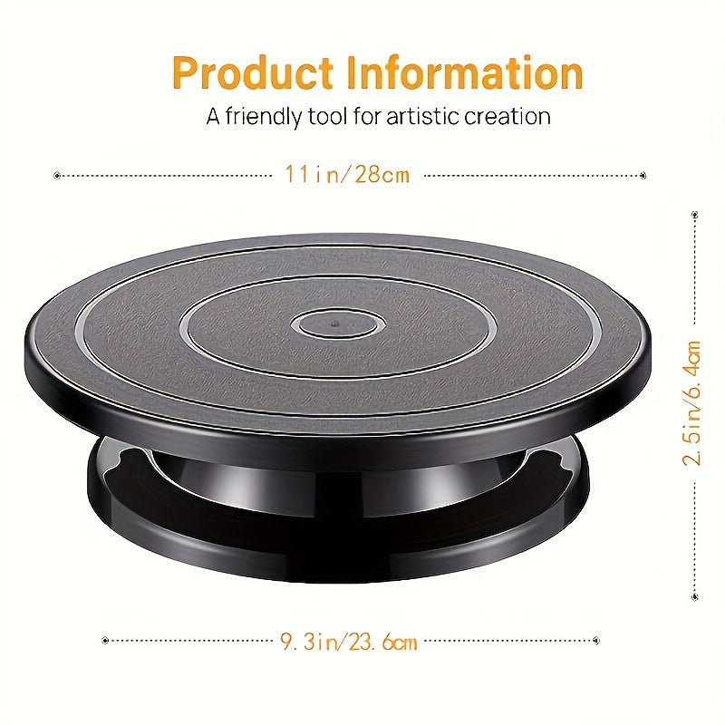 Black Cake Turntable measuring 11 inches/28cm in diameter, designed for manual rotation. Ideal for baking and cake decorating, this flat turntable is a must-have item for kitchen and bakery supplies. Enhance your culinary creations with this decorative