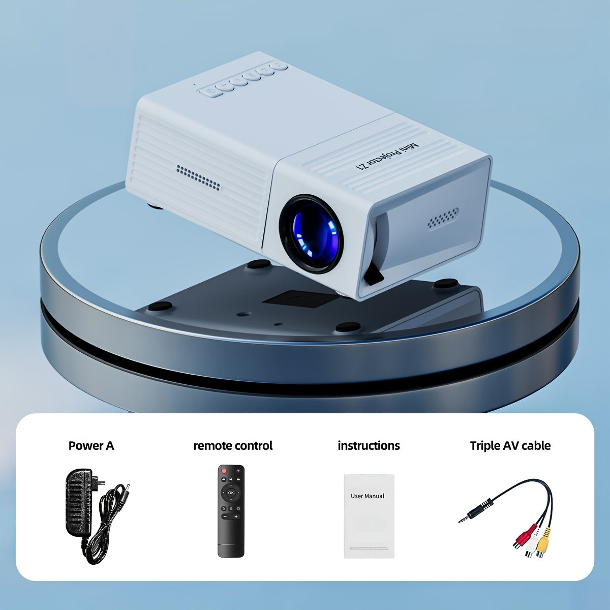 1080P portable projector with USB interface and remote control, compatible with various devices.