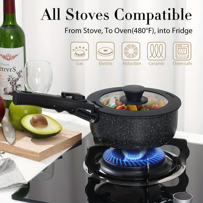 5-piece Cookware Set with Removable Handles, Non-Stick Coating, Made of Aluminum, Suitable for All Stove Types, Including Induction, Oven Safe Pot and Pan Set