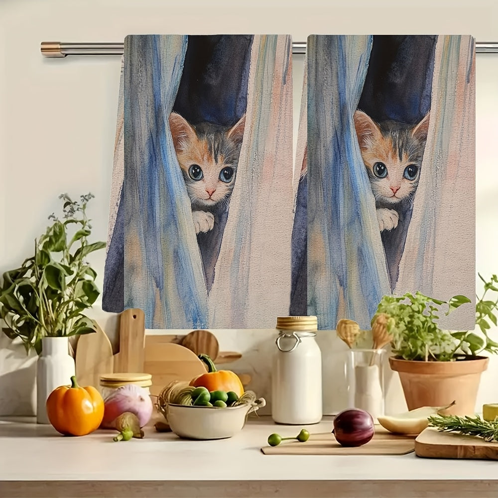 Ultra Soft Kitchen Towels with Peekaboo Kitten Design - Set of 2. These charming towels are highly absorbent and machine washable, perfect for everyday use in your kitchen. The contemporary watercolor art adds a stylish touch to your holiday decor. Each