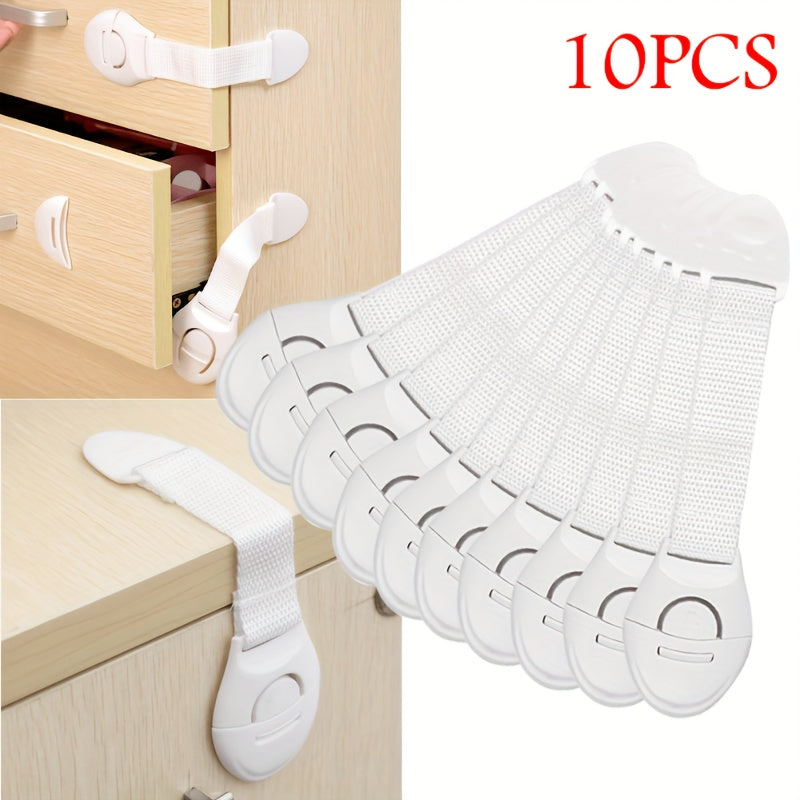 Secure your drawers and cabinets with this 10-pack of white safety locks and straps. Made of lead-free plastic, these adjustable anti-pinch latches are perfect for children aged 3-6 years and 6-8 years. Keep your little ones safe with these easy-to-use