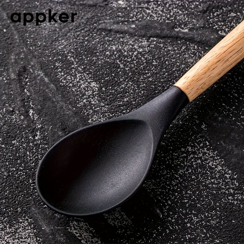 Appker's 5-piece Silicone Kitchen Utensil Set features Non-Stick, Safe Cooking Tools with Wooden Handles. Washable and Modern, this set is Perfect for Home Chefs.