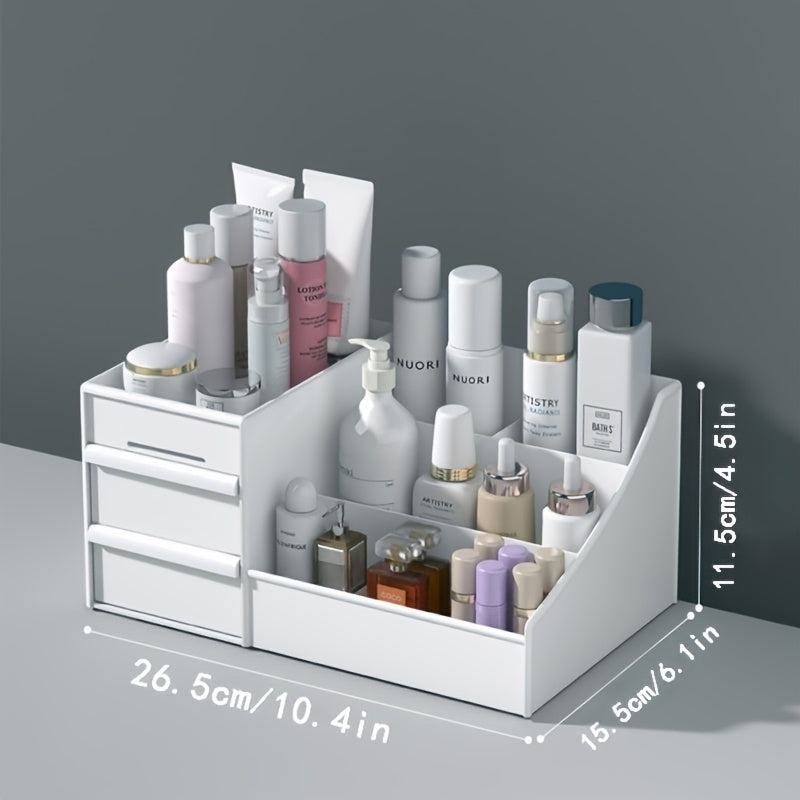 Plastic cosmetic organizer with drawers for makeup storage, lightweight and no electricity required.