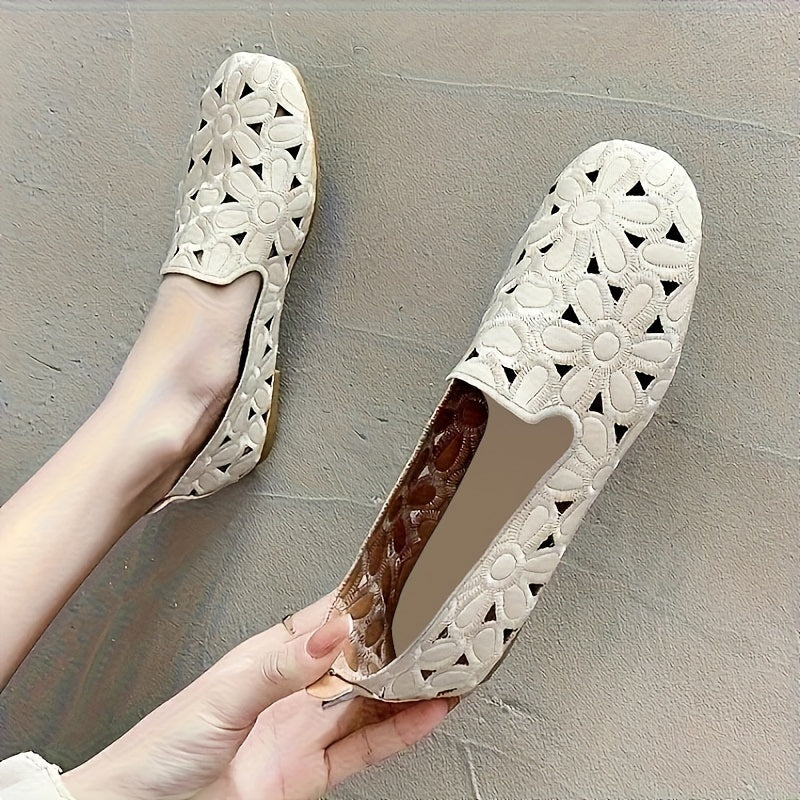 Women's floral pattern slip-on flat shoes with hollow-out design, lightweight and comfortable.